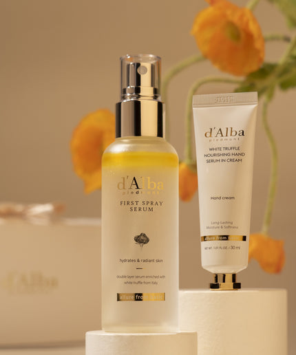 d'Alba Italian White Truffle Vegan Gift for HER, First Spray Serum & Nourishing Serum in Hand Cream Gift Set