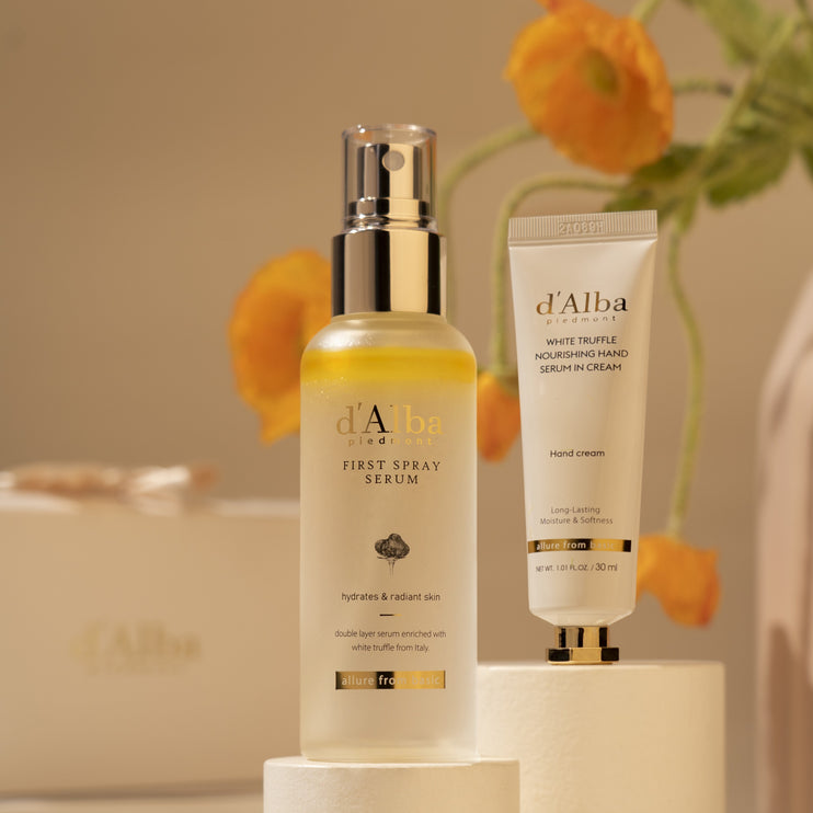 d'Alba Italian White Truffle Vegan Gift for HER, First Spray Serum & Nourishing Serum in Hand Cream Gift Set