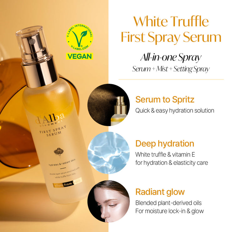 d'Alba Italian White Truffle Vegan Gift for HER, First Spray Serum Full Size & Travel Size & Pouch, Facial Mist Gift Set