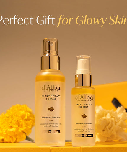 d'Alba Italian White Truffle Vegan Gift for HER, First Spray Serum Full Size & Travel Size & Pouch, Facial Mist Gift Set