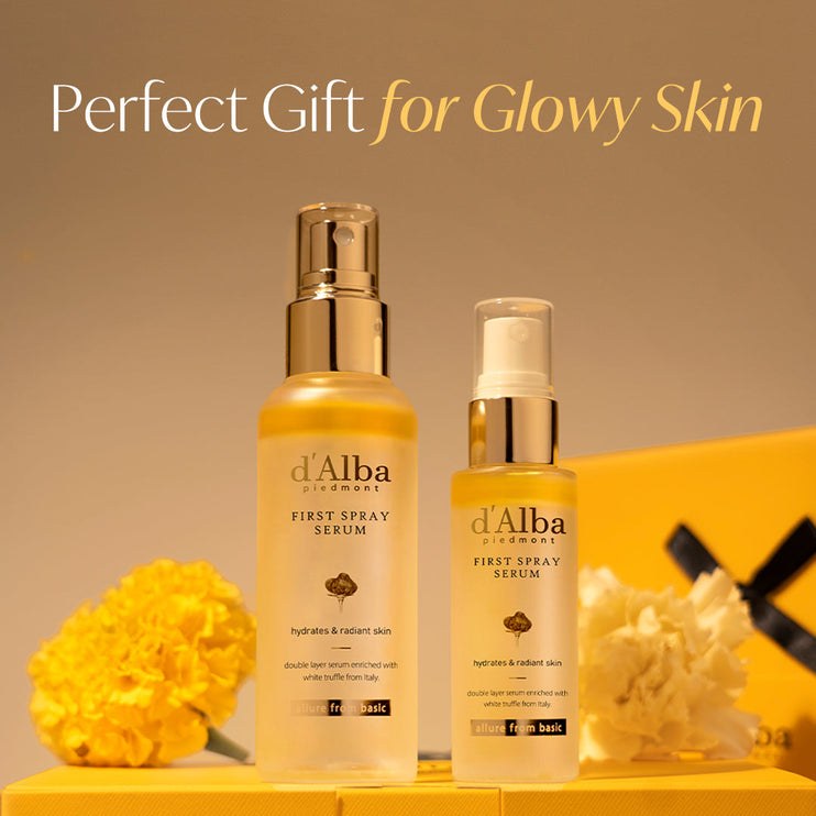 d'Alba Italian White Truffle Vegan Gift for HER, First Spray Serum Full Size & Travel Size & Pouch, Facial Mist Gift Set