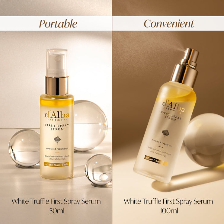 d'Alba Italian White Truffle Vegan Gift for HER, First Spray Serum Full Size & Travel Size & Pouch, Facial Mist Gift Set