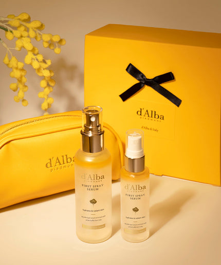 d'Alba Italian White Truffle Vegan Gift for HER, First Spray Serum Full Size & Travel Size & Pouch, Facial Mist Gift Set