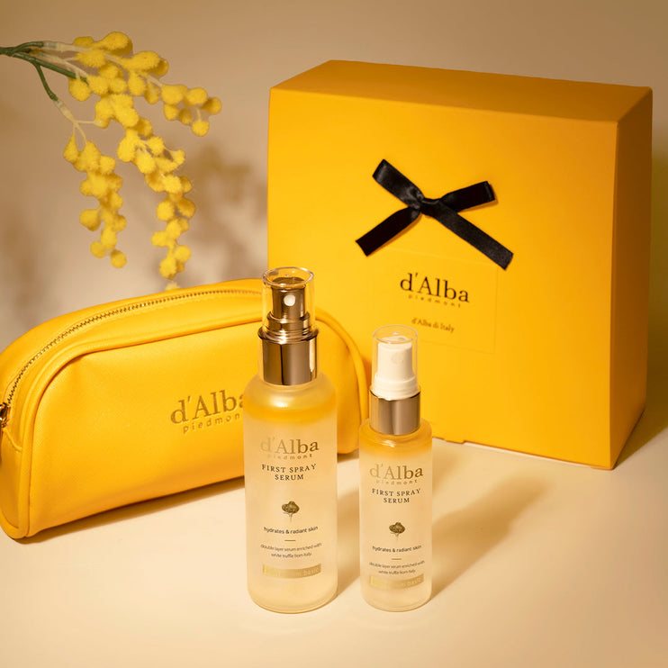 d'Alba Italian White Truffle Vegan Gift for HER, First Spray Serum Full Size & Travel Size & Pouch, Facial Mist Gift Set