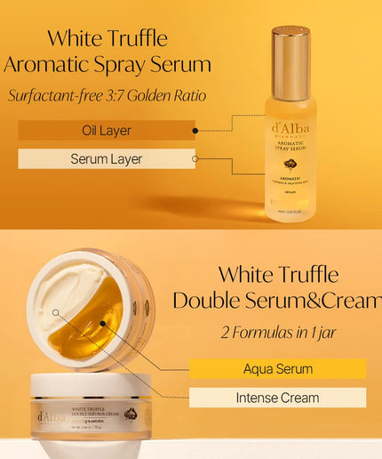 d'Alba Italian White Truffle Vegan Gift for HER, First Aromatic Spray Serum & Double Serum & Cream, Facial Skincare Gift Set