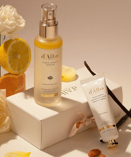 d'Alba Italian White Truffle Vegan Gift for HER, First Spray Serum & Nourishing Serum in Hand Cream Gift Set