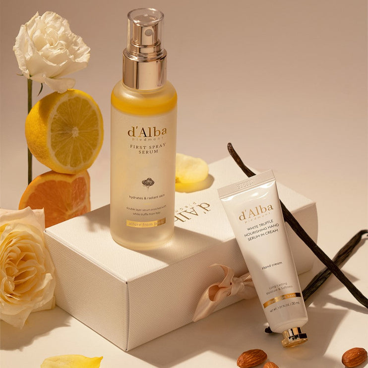 d'Alba Italian White Truffle Vegan Gift for HER, First Spray Serum & Nourishing Serum in Hand Cream Gift Set